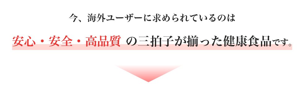 今、海外ユーザーに求められるのは安心・安全・高品質の三拍子が揃った健康食品です。